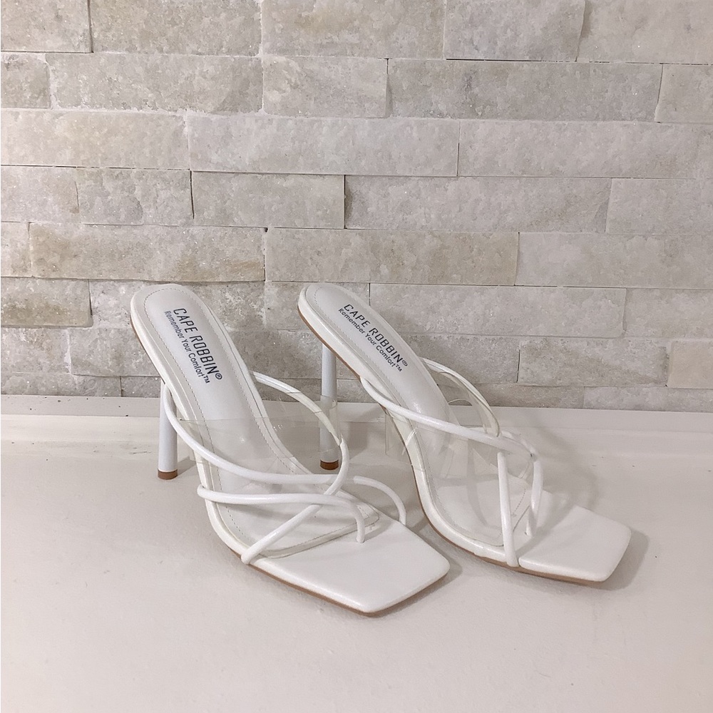 White, scrappy mules with clear strap